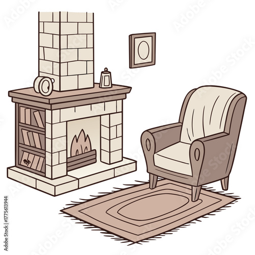Cozy living room scene with a brick fireplace armchair rug and framed artwork on the wall