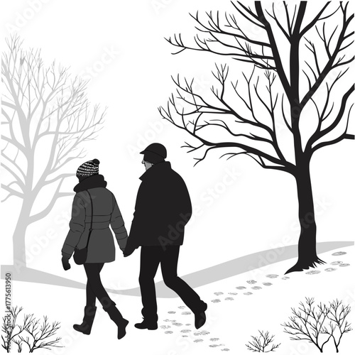 Couple holding hands walking through a snowy park on a winter day with bare trees and footprints
