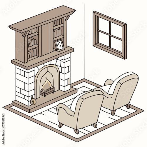Cozy living room scene with a fireplace two armchairs a bookshelf and a window in isometric view illustration