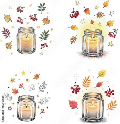 Collection of hand-drawn autumn jar candles with fall foliage and rowan berries creating a festive Thanksgiving atmosphere
