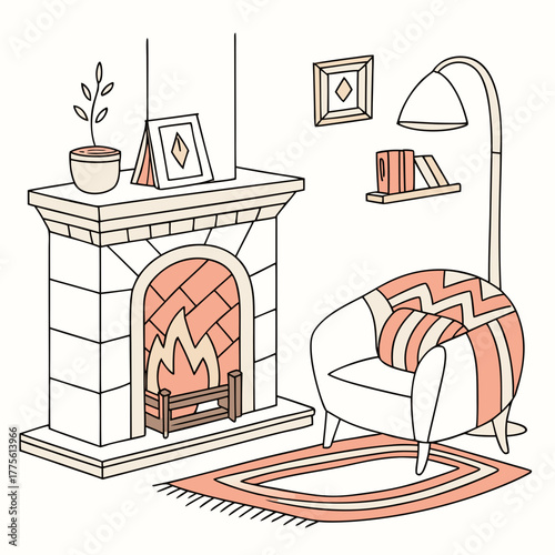 Cozy living room scene with a fireplace armchair rug and floor lamp in a charming hand drawn style