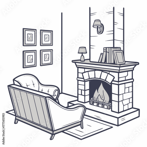 Cozy living room scene with a plush sofa a brick fireplace with a warm glowing fire and framed artwork on the wall