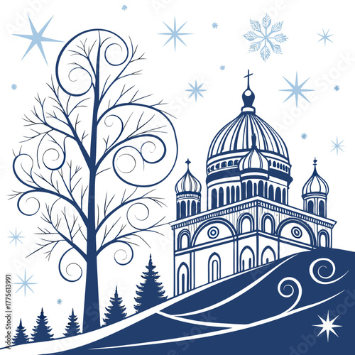 Stylized winter scene with a domed building bare tree and falling snowflakes in a minimalist blue and white design