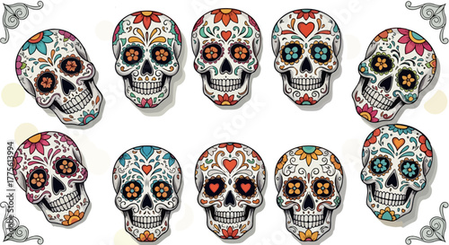 Day of the dead skulls intricately decorated with floral patterns against a white backdrop ideal for cultural event promotion and holiday design projects.