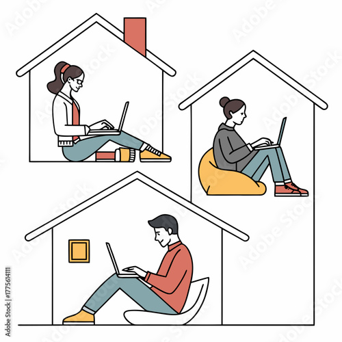 Diverse individuals working remotely from home in separate houses illustrating social distancing and modern work arrangements