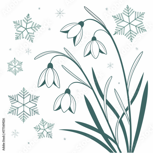 Delicate snowdrop flowers bloom amidst falling snowflakes in a serene winter scene illustration
