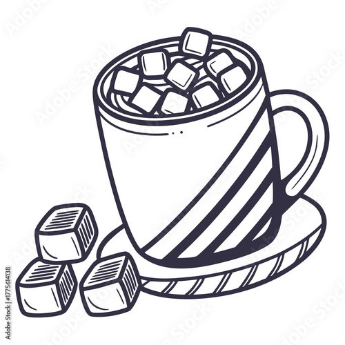 Hand drawn illustration of a steaming mug filled with marshmallows and sugar cubes on a saucer with scattered cubes