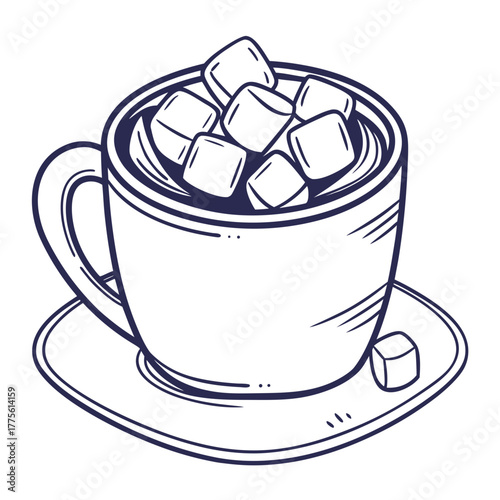 Hand drawn sketch of a cup of hot chocolate or coffee topped with marshmallows on a saucer with a single marshmallow