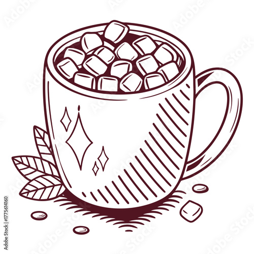 Whimsical hand drawn sketch of a steaming mug of hot chocolate topped with marshmallows and mint leaves