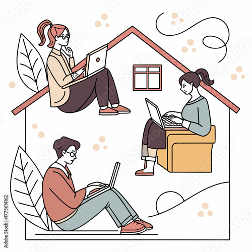 Diverse group of people working remotely on laptops inside a stylized house outline symbolizing home office and flexible work arrangements