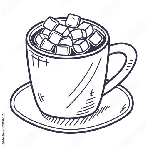 Hand drawn sketch of a mug filled with marshmallows on a saucer perfect for hot chocolate or coffee