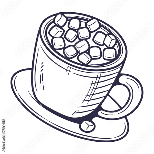 Hand drawn sketch of a steaming mug of hot chocolate topped with marshmallows on a saucer