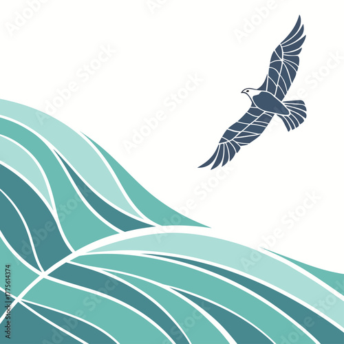 An eagle soars above stylized waves, symbolizing freedom, vision, and overcoming challenges with grace and power