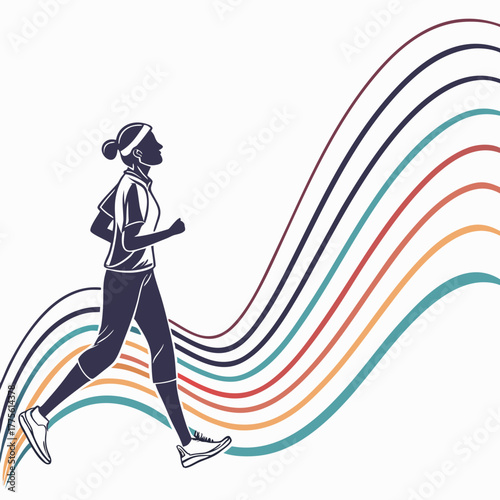 A determined woman runner is depicted in silhouette, gracefully moving along a vibrant, multicolored wave pattern, this dynamic illustration captures the essence of fitness