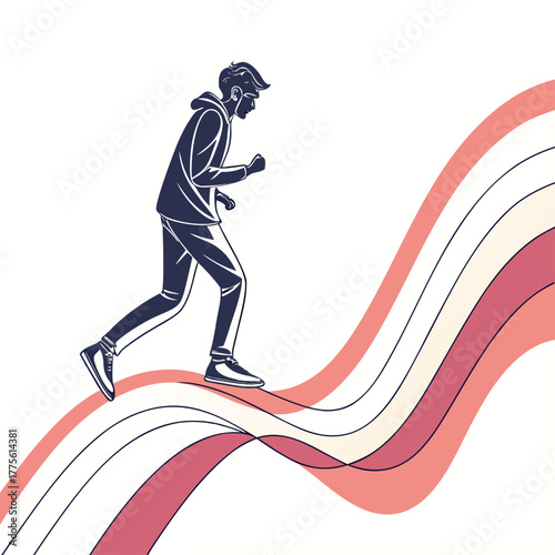 A male runner is depicted in silhouette, gracefully moving along a vibrant, multicolored wave pattern, this dynamic illustration captures the essence of fitness