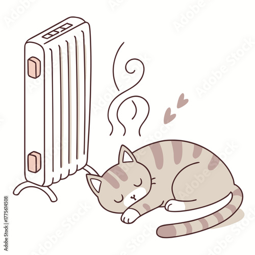 A cute tabby cat is sleeping near an oil radiator the cat is curled up in a ball, and its eyes are closed the radiator is turned on, and the cat is enjoying the warmth