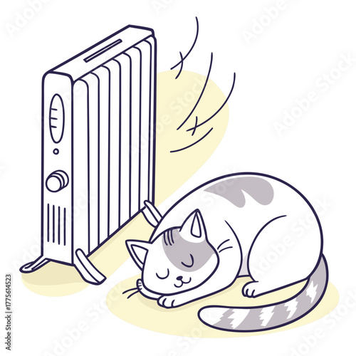 A cute white and grey cat is sleeping near an oil radiator the cat is curled up in a ball, and its eyes are closed the radiator is turned on, and the cat is enjoying the warmth
