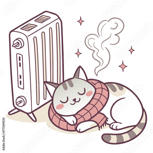 A charming illustration shows a cute tabby cat sleeping soundly next to a radiator, wrapped in a cozy pink scarf, steam rises gently, adding warmth to the scene