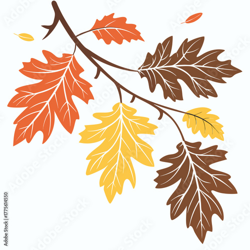 Stylized oak leaves in autumnal colors of orange yellow and brown adorn a tree branch against a white background