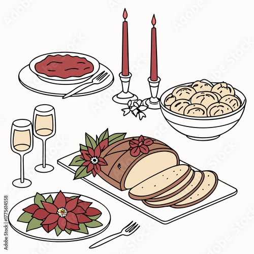 Festive christmas dinner table illustration featuring meatloaf, mashed potatoes, and wine, perfect for holidaythemed designs and decorations