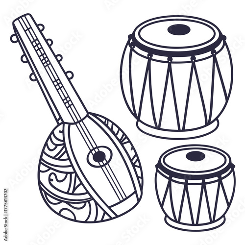 A captivating illustration showcases a tanpura, a stringed instrument, alongside a tabla, a pair of indian drums, all set against an, creating a harmonious visual