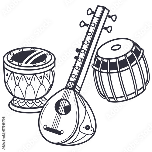 A captivating illustration showcases a tanpura, a stringed instrument, alongside a tabla, a pair of indian drums, all set against an, creating a harmonious visual