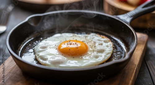 Egg in a Frying Pan: Capturing the simple pleasure of breakfast with a close-up shot of a perfectly fried egg sizzling in a cast-iron pan.