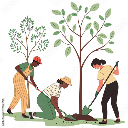 Diverse group of people planting trees together in a garden symbolizing teamwork environmentalism and community gardening initiatives