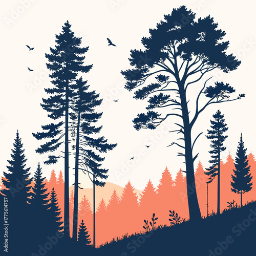 Silhouette of a picturesque landscape with trees, birds, and a setting sun, creating a peaceful and harmonious scene vector illustration