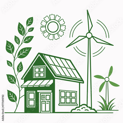 Green energy powered eco friendly house with solar panels and wind turbines surrounded by nature