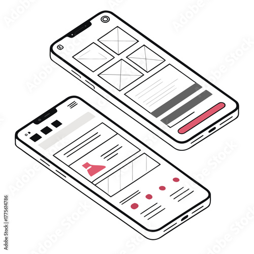 Two isometric smartphone screens displaying wireframe app interface designs with minimal color accents and placeholder content