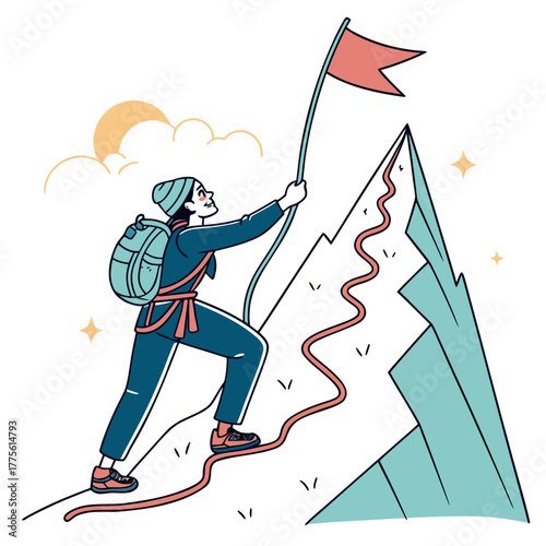A determined climber ascends a steep mountain, planting a flag at the summit, symbolizing achievement, ambition, and the pursuit of goals