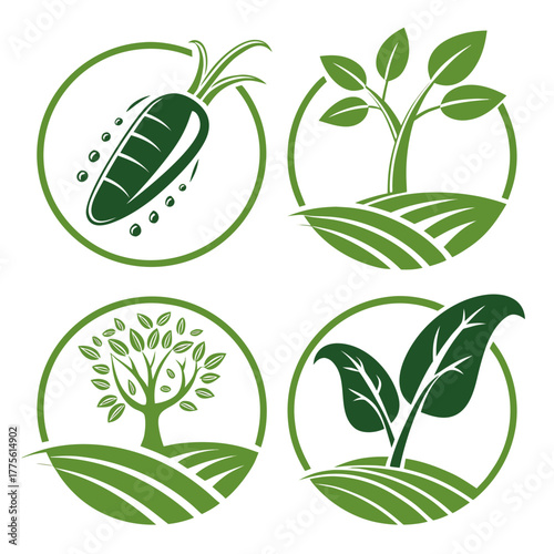 Set of four circular green agricultural icons representing farming growth and healthy produce cultivation