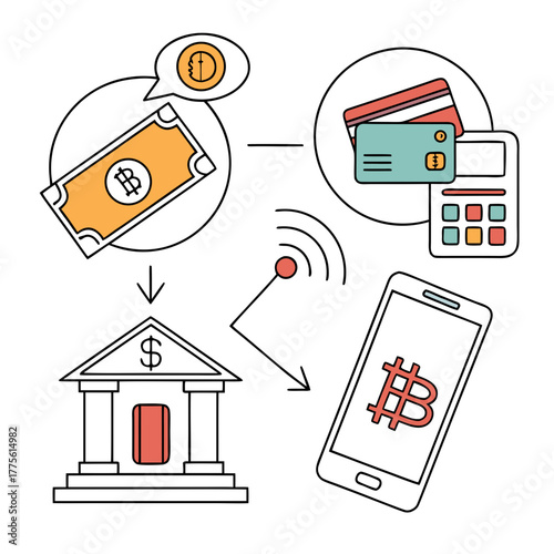 Digital currency transaction flow showing bitcoin exchange from bank to smartphone and credit card payment