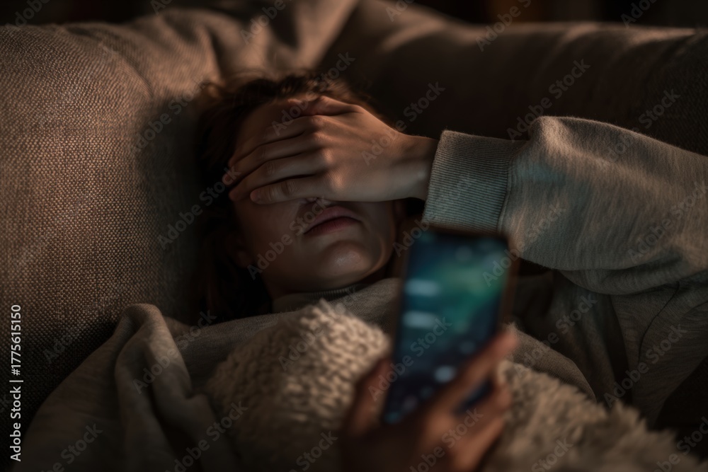 Fototapeta premium Person on couch with phone, hand over eyes, depicting emotional disconnection