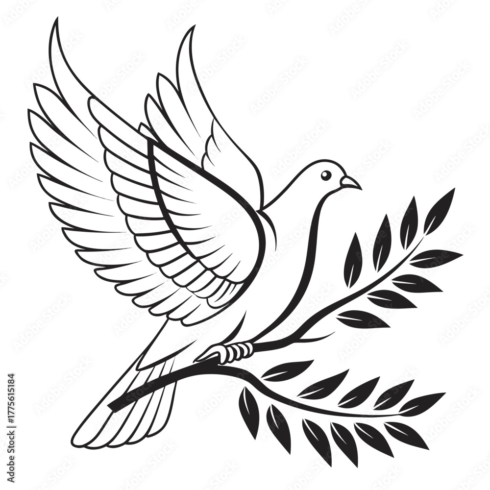 Fototapeta premium A peaceful vector illustration of a dove in flight, carrying an olive branch, , symbolizing peace, hope, and new beginnings in a minimalist design