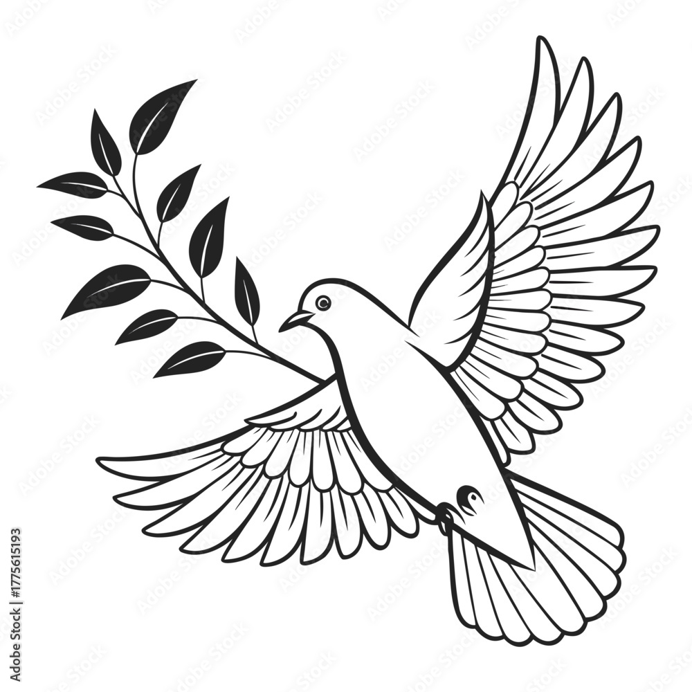 Obraz premium A graceful dove soars, carrying an olive branch, symbolizing peace and hope, its wings are spread wide, feathers detailed, creating a serene image