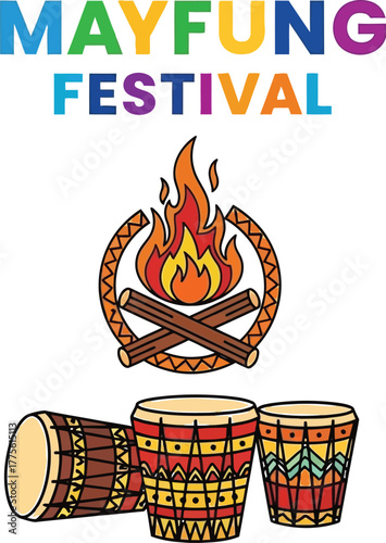 Illustration of the Mayfung festival celebration with fire and drums