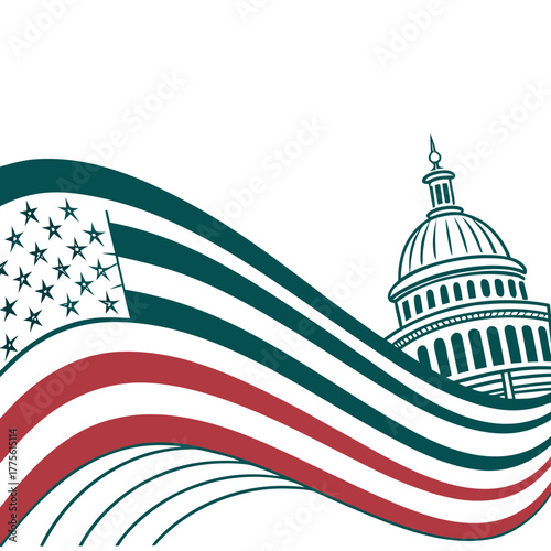 Illustration of the us capitol building and a waving american flag on a, symbolizing american government, patriotism, and national identity