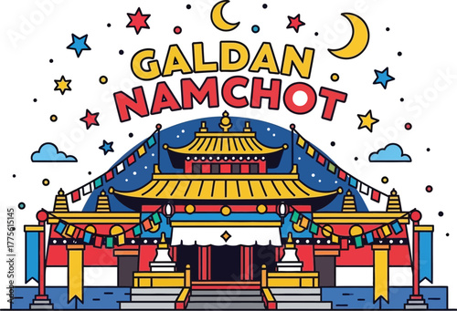 Illustration of the Galdan Namchot festival celebration with temple, stars, and moon