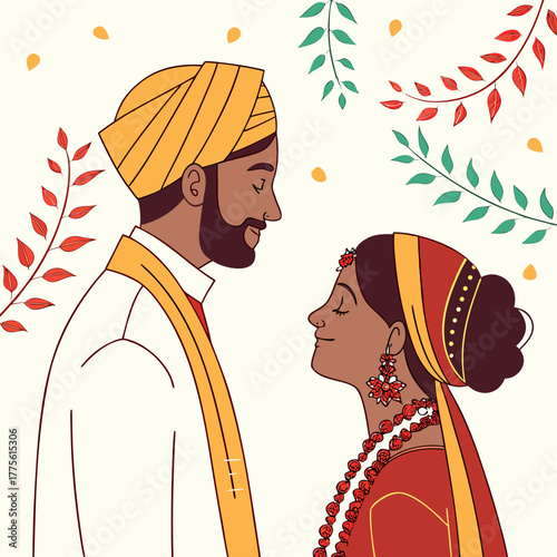 This charming illustration depicts a sikh couple, adorned in traditional wedding attire, sharing a tender moment amidst a backdrop of delicate floral accents
