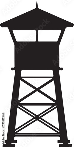 Black silhouette of a tall observation tower with crisscross supports guard tower lookout post