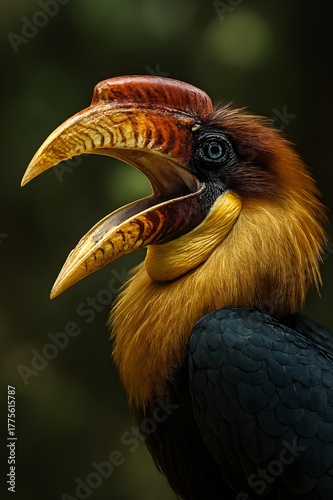 Ultra detailed portrait of Walden’s hornbill (Rhabdotorrhinus waldeni) with open beak