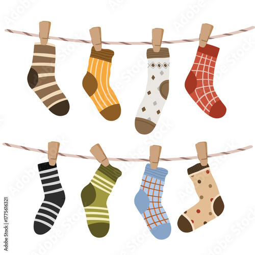colorful socks hanging on a clothesline hand drawn illustration