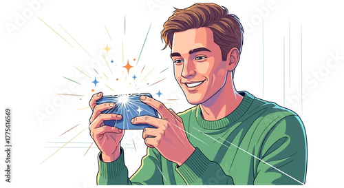 man playing game on mobile phone engrossed in a virtual world radiating joy and excitement perfect for showcasing mobile gaming enthusiasm