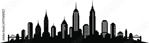City skyline silhouette, urban architecture, modern buildings, skyscraper vector, metropolitan design, bridge elements, black cityscape, downtown view, graphic illustration, skyline art