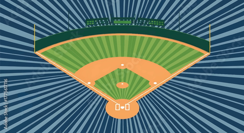 Top-down aerial view of a baseball field diamond on a stylized blue radiating background.