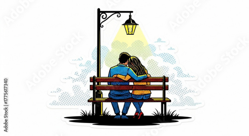 Couple sitting on a park bench under a lamp during evening  