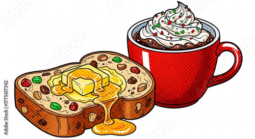 Toast with butter and hot chocolate topped with whipped cream  