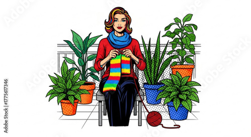 Woman knitting colorful scarf while sitting among potted plants  